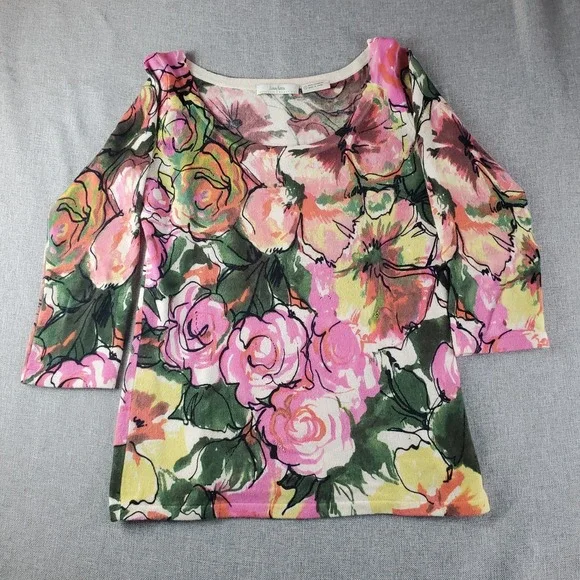 Neiman Marcus Sweater Womens Small Floral Cashmere Scoop Neckline Pullover - Picture 1 of 15